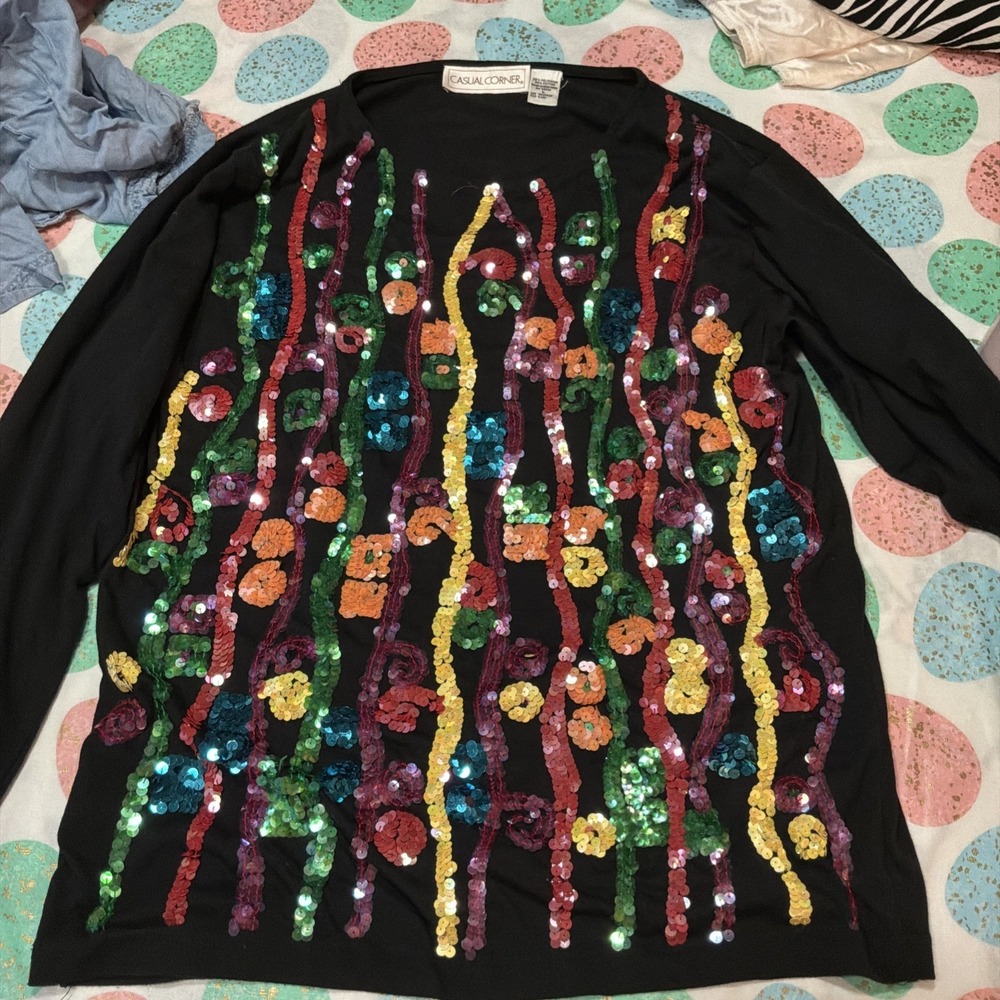 Vintage Casual Corner Women's Sequined Sweater Black Large WS-79